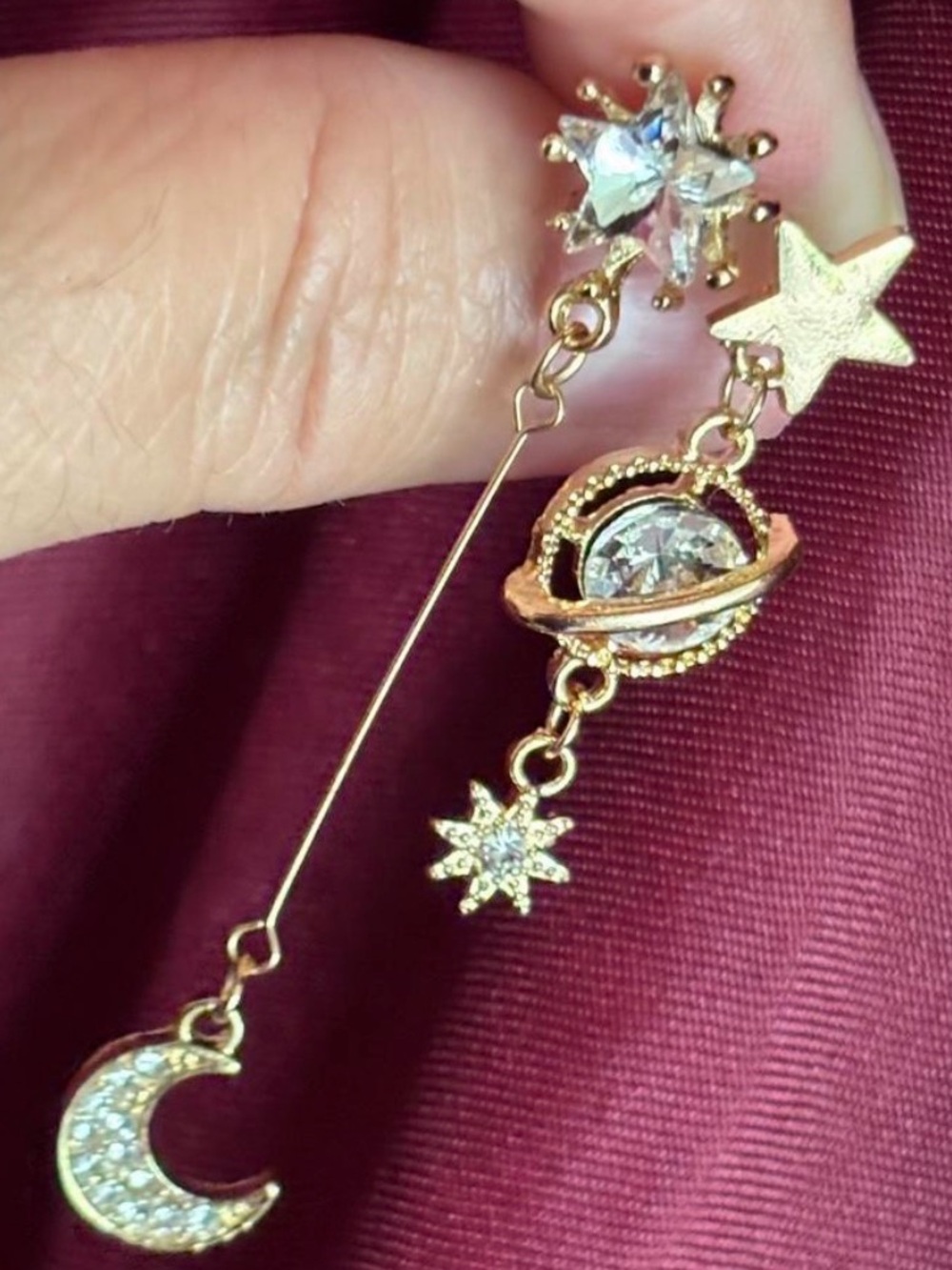 925 gold over Sterling Celestial Asymmetrical Drop Earrings with Crystals